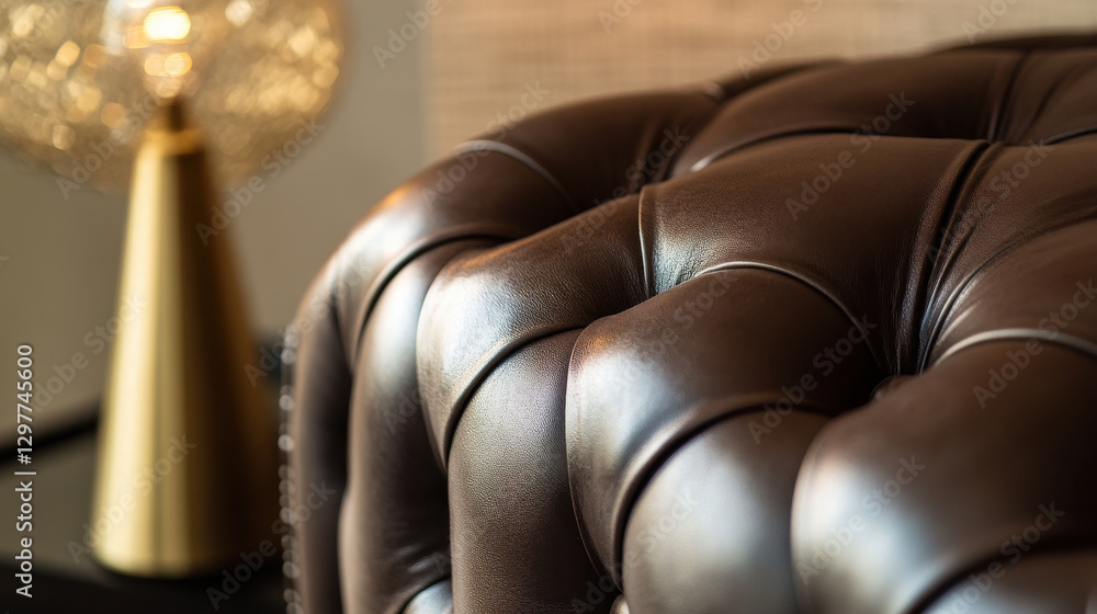 Obraz premium A close-up shot of a luxurious tufted leather ottoman in deep espresso brown, emphasizing the intricate texture and craftsmanship