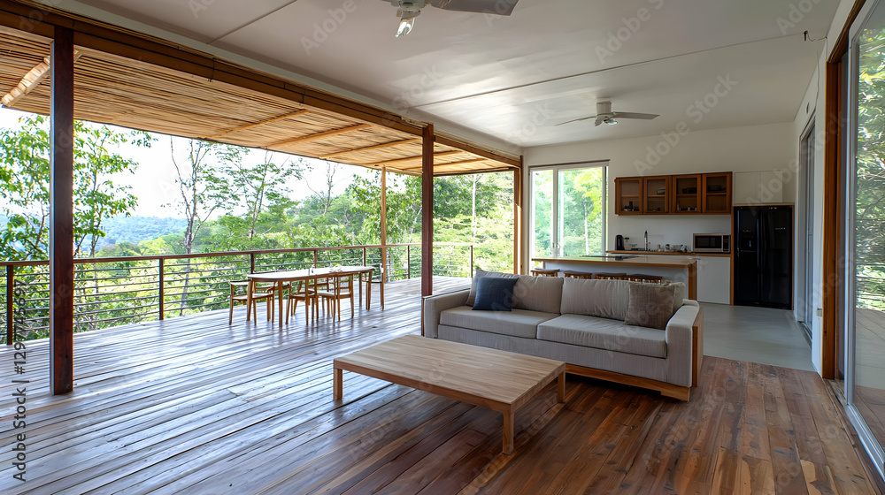 Fototapeta premium Bright Living Room Interior with Wooden Deck and View of Tropical Forest