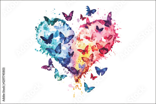 Whimsical Watercolor Butterflies and Heart Shapes Artwork