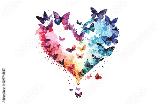 Whimsical Watercolor Butterflies and Heart Shapes Artwork