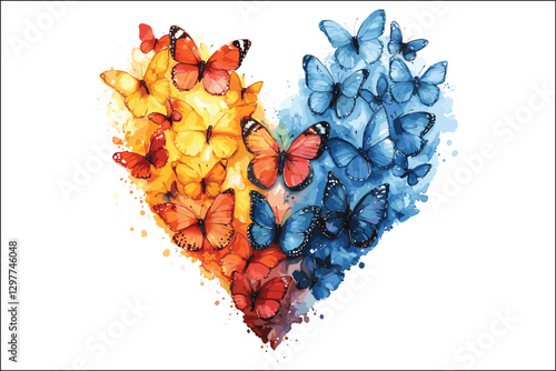 Whimsical Watercolor Butterflies and Heart Shapes Artwork