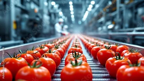 Fresh Tomatoes on a Conveyor Belt in a Modern Food Processing Facility