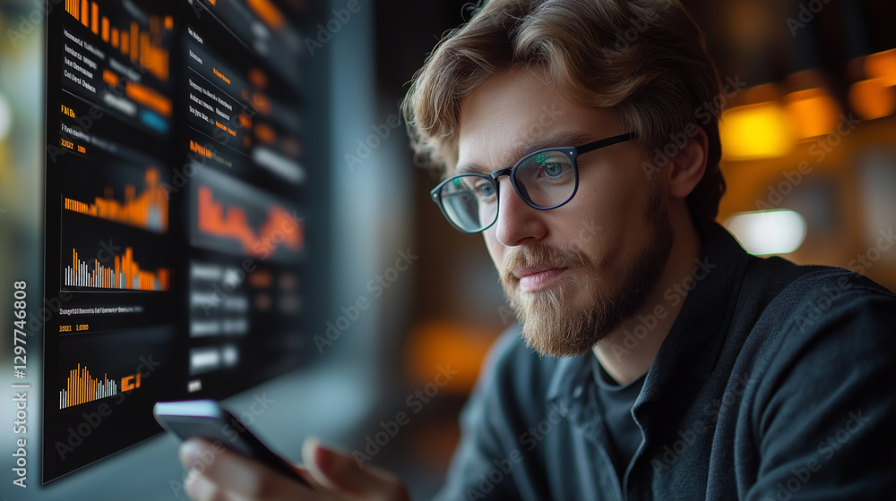 Tech Savvy: A focused business analyst examines data-rich displays, utilizing his phone, symbolizing technological expertise and modern business intelligence. Tech Savvy: A focused business analyst examines data-rich displays, utilizing his phone, symbolizing technological expertise and modern business intelligence.