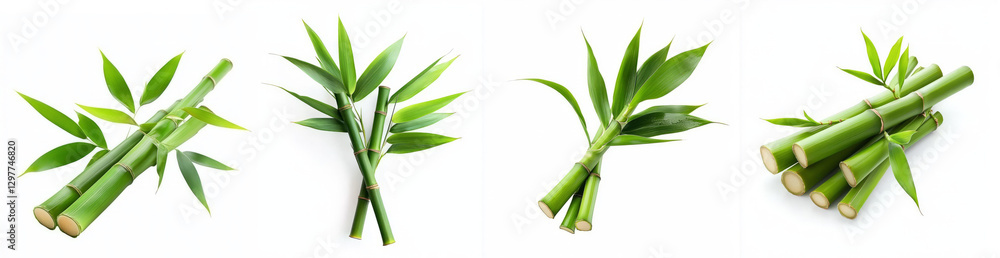 Fototapeta premium Green bamboo with leaves isolated on white background, showcasing its natural beauty and versatility