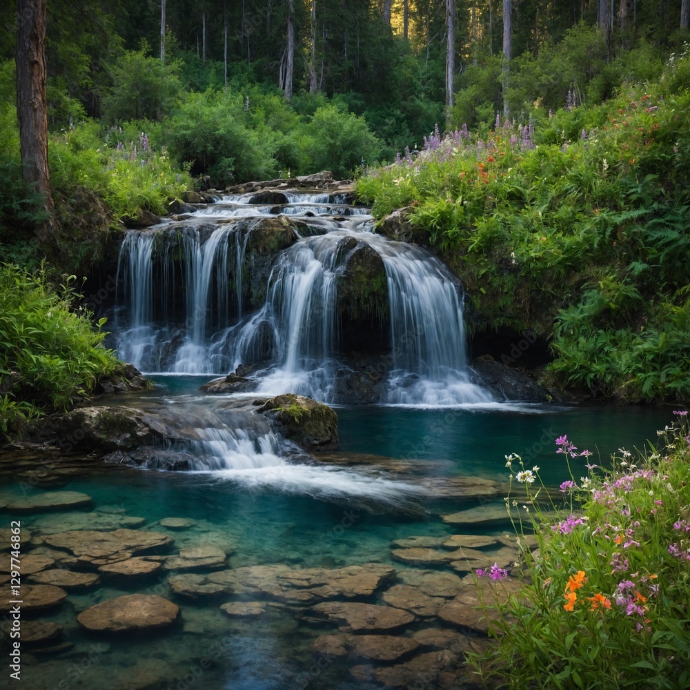 Obraz premium Serene Forest Waterfall – A peaceful waterfall cascading into a crystal-clear pool, surrounded by lush green trees and vibrant wildflowers.