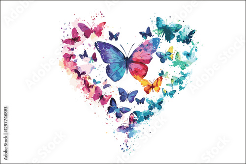 Whimsical Watercolor Butterflies and Heart Shapes Artwork