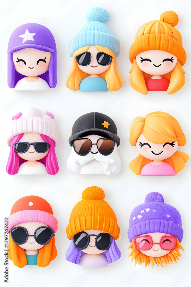 Cute girl avatars, winter hats, white background Cute girl avatars, winter hats, white background