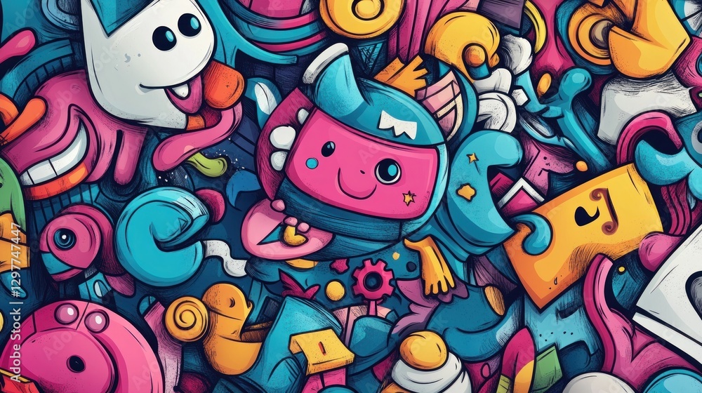 Obraz premium Fun abstract cartoon characters interacting in a whimsical, colorful, highly-detailed, illustrated background