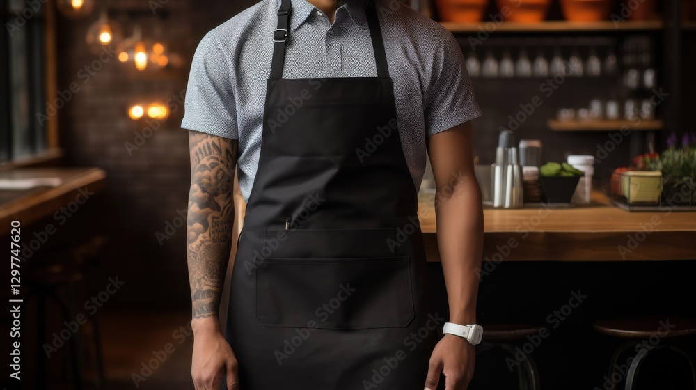 Man wearing black apron brown leather straps Man wearing black apron brown leather straps