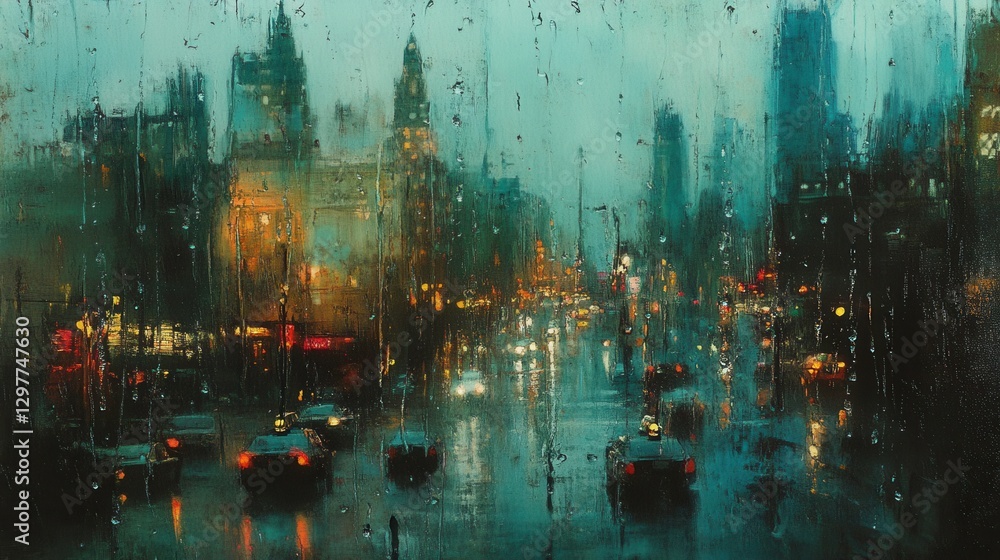 Obraz premium Urban Rainy Evening with Macro Sliding Trails