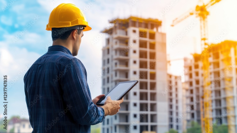A construction worker wearing a hard hat and safety vest uses a tablet to manage tasks on a building site