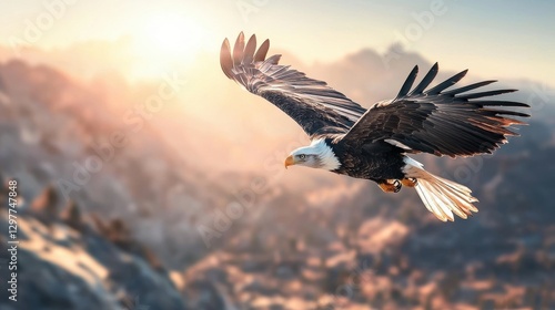 A majestic bald eagle soars through a breathtaking mountainous landscape.