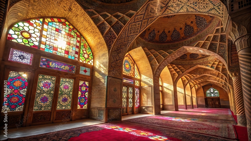Obraz premium Ornate interior of a mosque with stained glass windows and arched hallways.