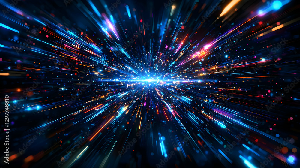 Obraz premium Abstract Digital Data Stream with Blue Light Burst and Orange Particle Effects