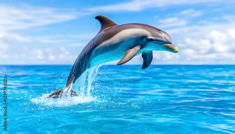 Fototapeta premium Dolphin leaping ocean, sunny sky