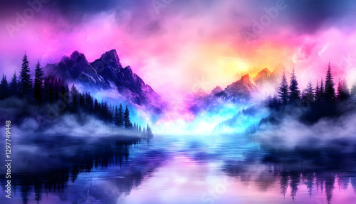 Dreamy mountain lake, colorful sunset