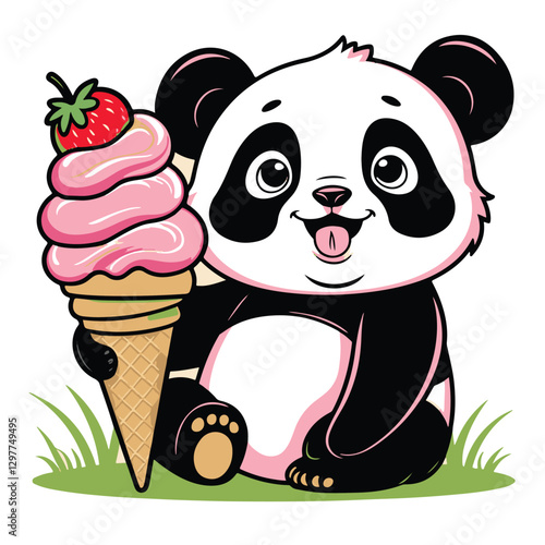 A Panda's Sweet Treat: A Cartoon Illustration of a Happy Bear Cub Enjoying a Strawberry Ice Cream Cone with a Cherry on Top.

