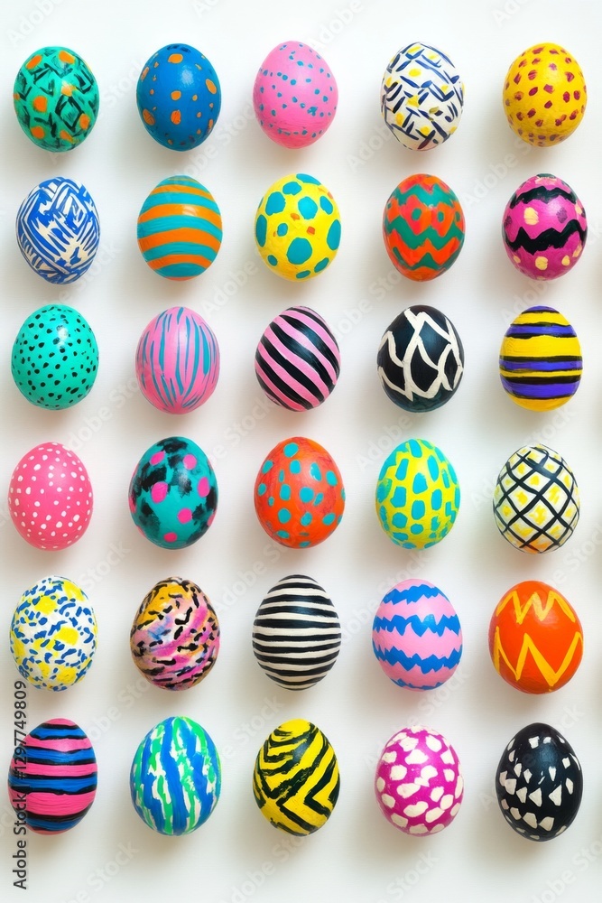Colorful painted eggs arranged in grid pattern on white background Colorful painted eggs arranged in grid pattern on white background