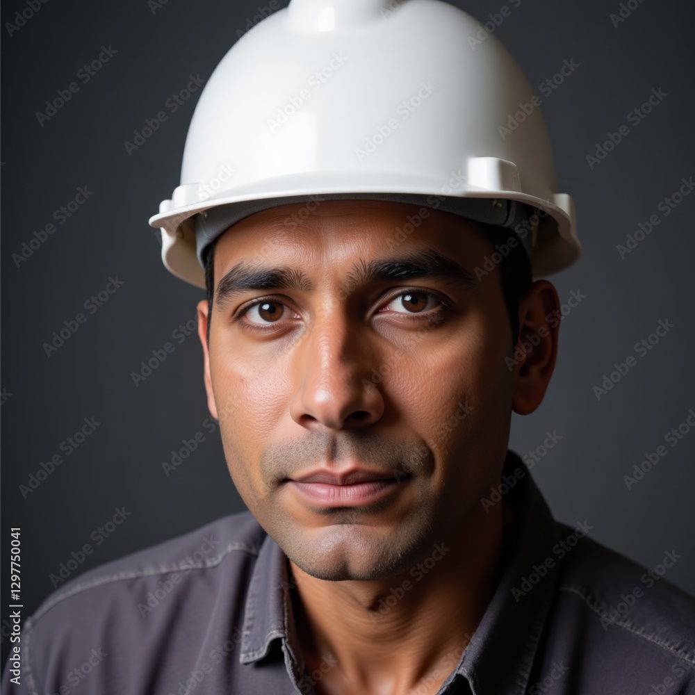 Portrait of a Middle-Eastern Male Construction Worker with a Hard Hat, Displaying Determination and Professionalism in an Indoor Setting Portrait of a Middle-Eastern Male Construction Worker with a Hard Hat, Displaying Determination and Professionalism in an Indoor Setting
