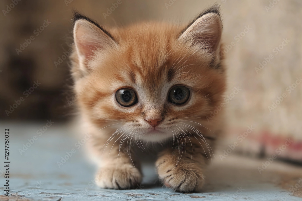 Adorable Kitten with Big Eyes Sitting on White Blanket in a Warm and Cozy Setting, Looking Directly at the Camera with a Soft, Inviting Background Adorable Kitten with Big Eyes Sitting on White Blanket in a Warm and Cozy Setting, Looking Directly at the Camera with a Soft, Inviting Background