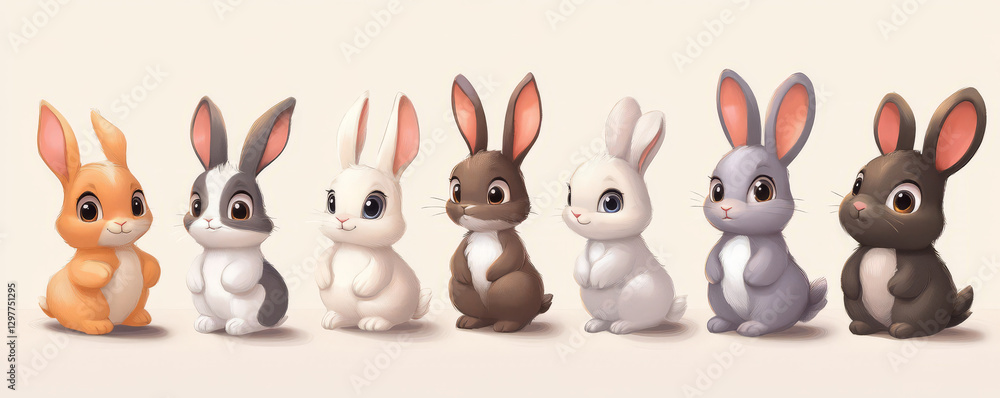 Obraz premium Cute cartoon bunnies in various colors and poses, showcasing their playful nature and charm