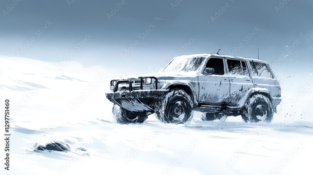 Robust off-road vehicle navigating a pristine snowy landscape evokes adventure and resilience in a winter driving expedition experience Robust off-road vehicle navigating a pristine snowy landscape evokes adventure and resilience in a winter driving expedition experience