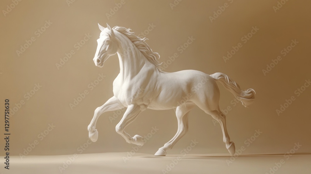 White horse figurine gallops on beige surface, plain background, illuminated with side lighting White horse figurine gallops on beige surface, plain background, illuminated with side lighting