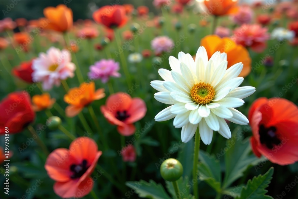 A delicate white chrysanthemum blooms amidst a profusion of colorful flowers, chrysanthemum, nature, poppy A delicate white chrysanthemum blooms amidst a profusion of colorful flowers, chrysanthemum, nature, poppy