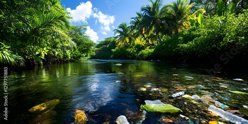 polluted river with trash in the water, representing the impact of waste and environmental pollution