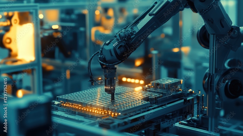 Fototapeta premium Robotic arm working on circuit board in factory with automated machinery and yellow lighting