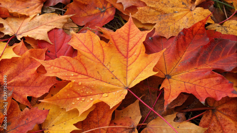 Vibrant autumn leaves in shades of orange and red on ground Vibrant autumn leaves in shades of orange and red on ground