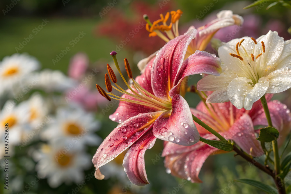 Fototapeta premium Beautiful pink and white lilies with dew drops in garden setting