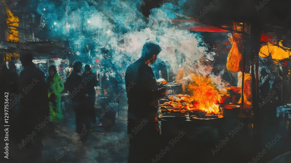 Busy Night Market with Grilling Street Vendors Busy Night Market with Grilling Street Vendors