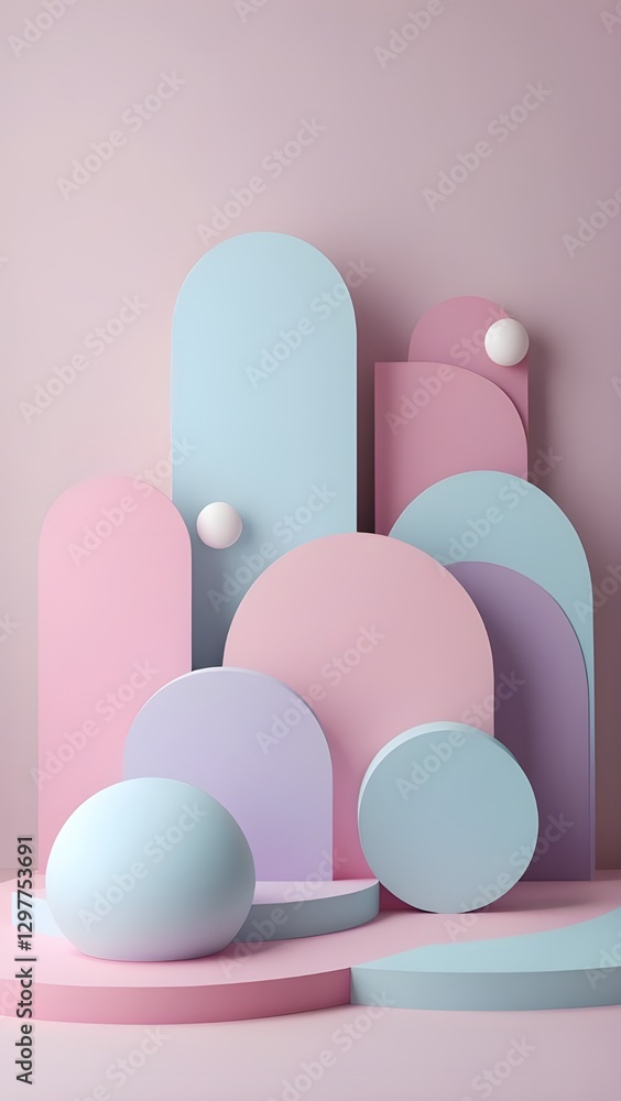 Fototapeta premium A modern abstract backdrop with pastel pink and blue geometric shapes, arches, and cylinders, creating a minimalist and elegant composition