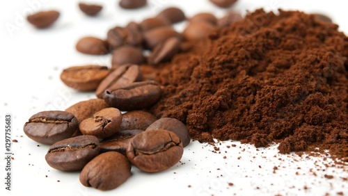 Coffee beans and ground coffee powder.