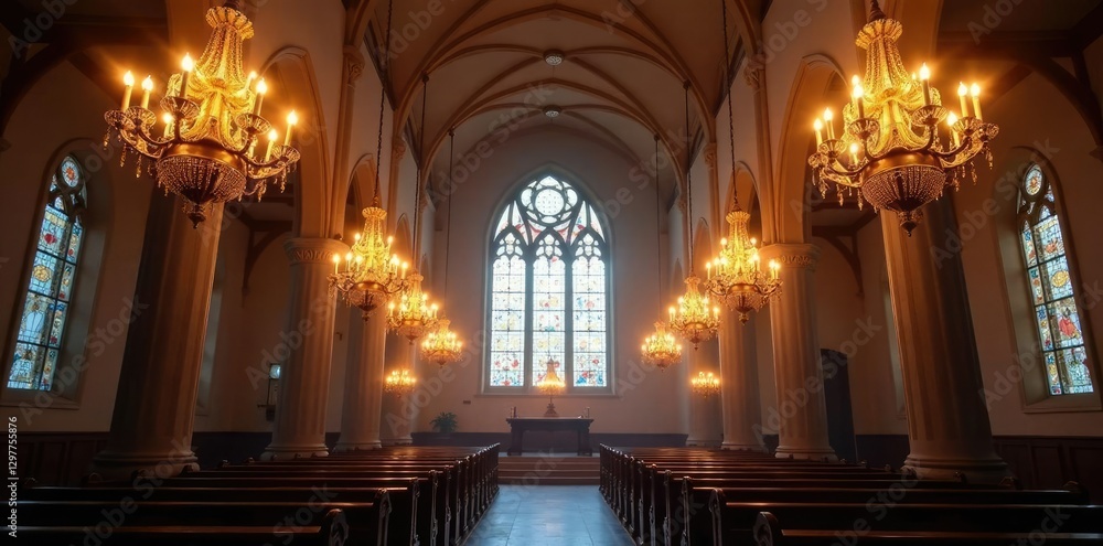 Fototapeta premium Chandeliers hang from the high ceiling of the chapel, church, chandelier