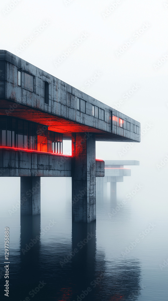 Futuristic brutalist architecture over water in a foggy atmosphere with glowing red neon lights, creating a dystopian aesthetic Futuristic brutalist architecture over water in a foggy atmosphere with glowing red neon lights, creating a dystopian aesthetic