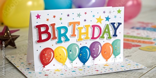 Colorful birthday card with balloons and stars. photo