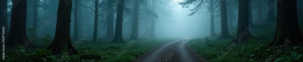 Fototapeta premium dense forest fog envelops a winding dirt path, solitude, mist, trees