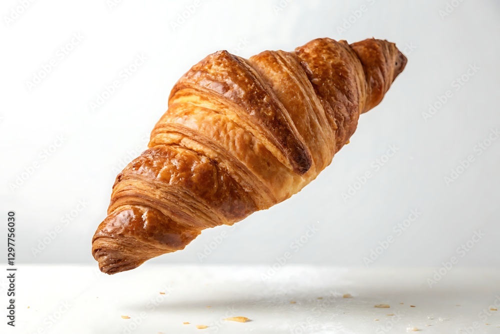 Delicious golden brown croissant floating in the air Delicious golden brown croissant floating in the air