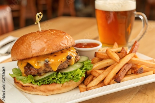 Delicious cheeseburger with fries and beer. Perfect lunch or dinner.