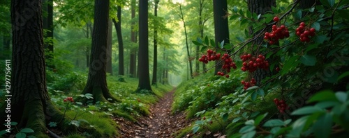 Dense forest with red berries of Taxus baccata, coniferous tree, nature