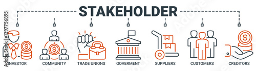 Stakeholder relationship banner web icon vector illustration concept for stakeholder, investor, government, and creditors with icon of community, trade unions, suppliers, and customers icons outline.