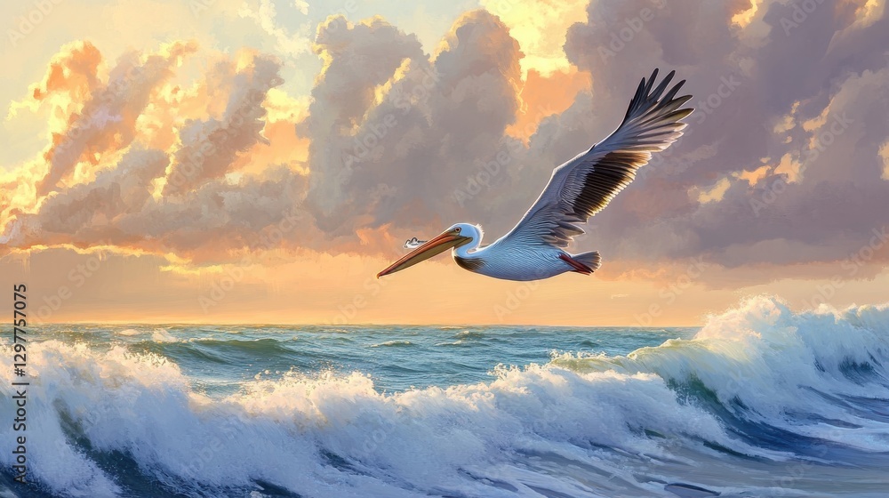 Naklejka premium A graceful pelican flying over ocean waves during golden sunset