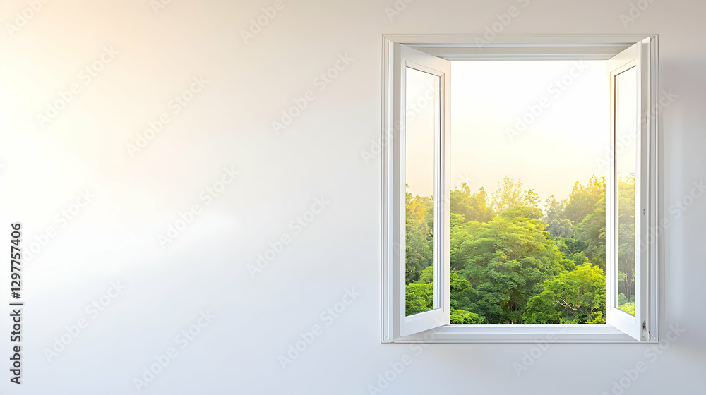 Open Window Revealing Green Trees And Sunlight Against White Wall Interior Open Window Revealing Green Trees And Sunlight Against White Wall Interior