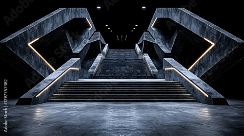 Futuristic concrete stairs, dark setting, glowing lights, architectural background