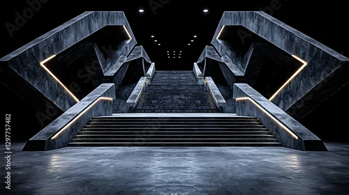 Obraz Futuristic concrete stairs, dark setting, glowing lights, architectural background