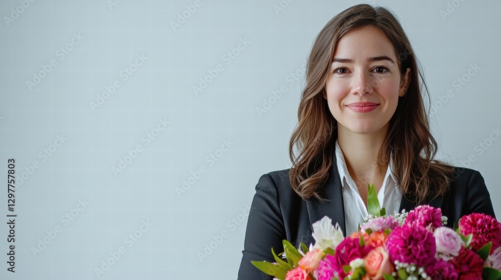 Young woman in a black suit holding a vibrant flower bouquet indoors with a neutral background. Generative AI Young woman in a black suit holding a vibrant flower bouquet indoors with a neutral background. Generative AI