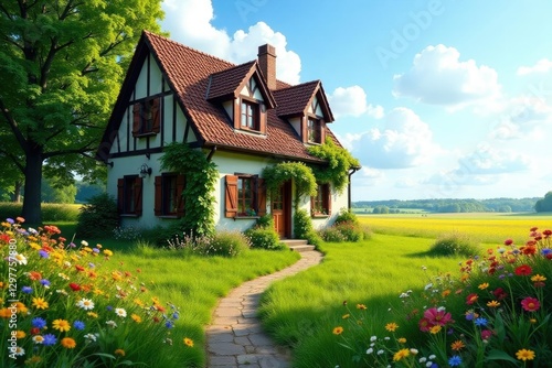 Der Hausteil eines alten Hauses ist mit Sonnenblumen und anderen Blumen ?bers?t, landschaft, alteh?user, blumenmeer photo