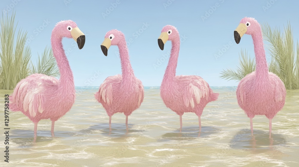 Obraz premium Charming flamingo gathering wading in shallow water beautiful birds tropical ambiance whimsical nature scene pink feathered friends